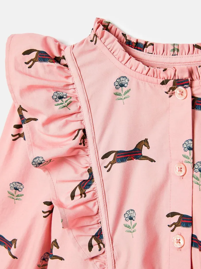 Joules Dresses Pink Horse Print Long Sleeve Frilled Dress 8211 Girls
