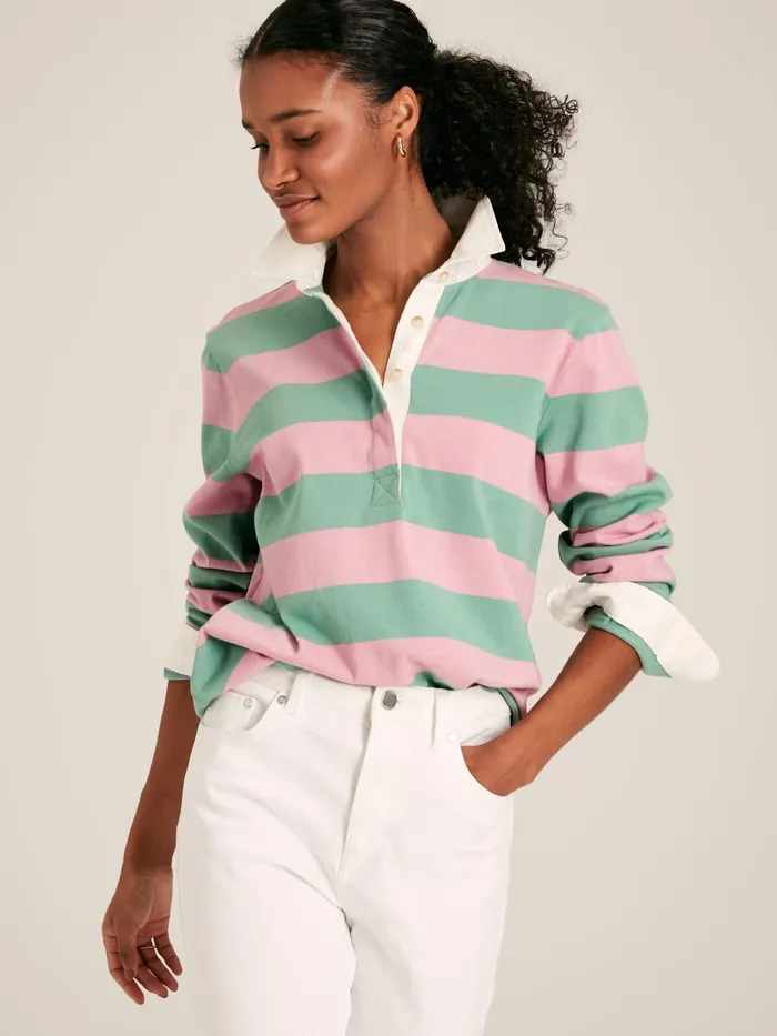 Joules Rugby Shirts Pink and Green Striped Cotton Rugby Shirt 8211 Women