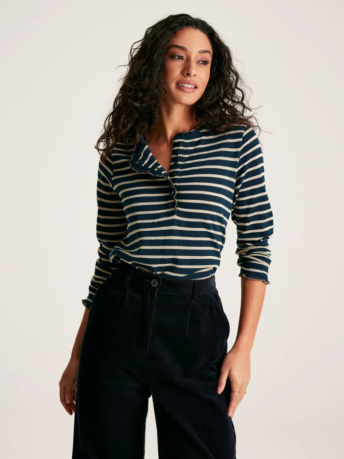 Joules Tops Navy Sparkle Striped Long Sleeve Top With Frill Neck 8211 Women