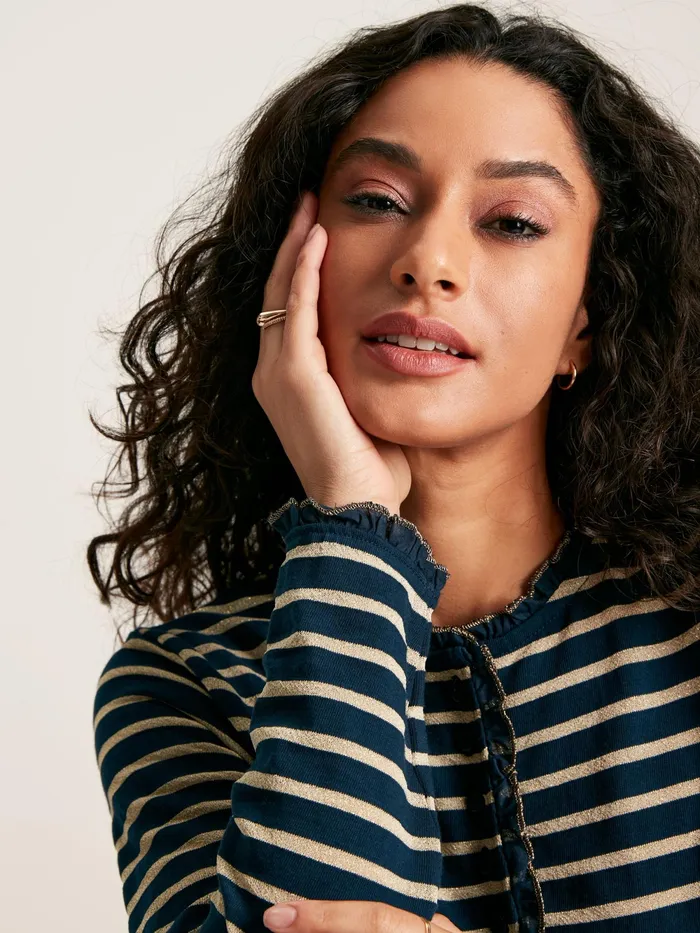 Joules Tops Navy Sparkle Striped Long Sleeve Top With Frill Neck 8211 Women