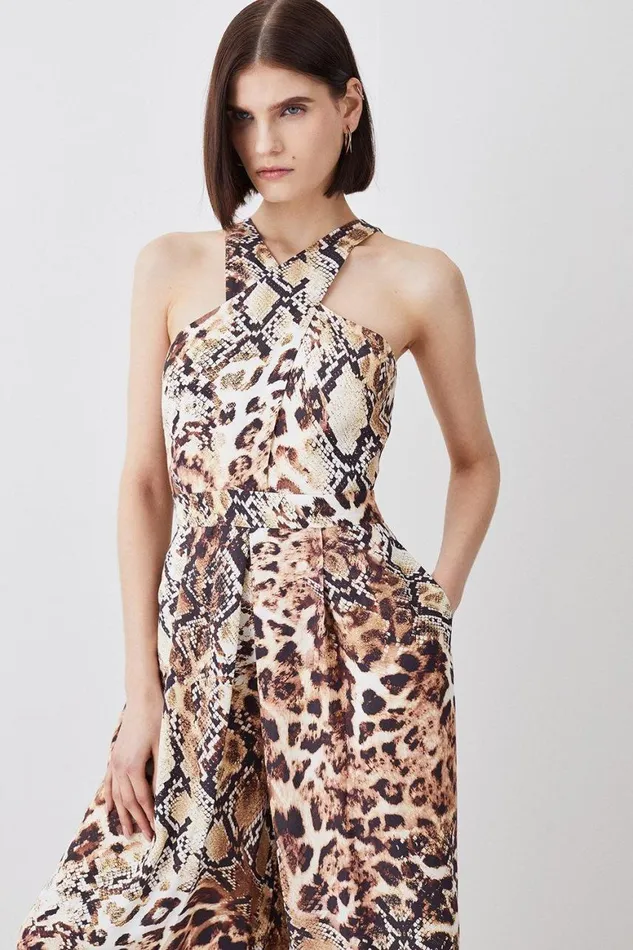 Jumpsuits Women Karen Millen Animal Print Premium Linen Viscose Halter Woven Jumpsuit Animal