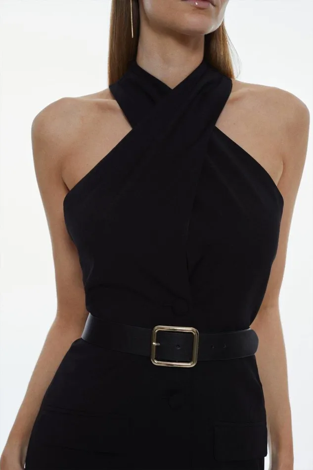 Jumpsuits Women Karen Millen Compact Stretch Halter Neck Belted Jumpsuit Black
