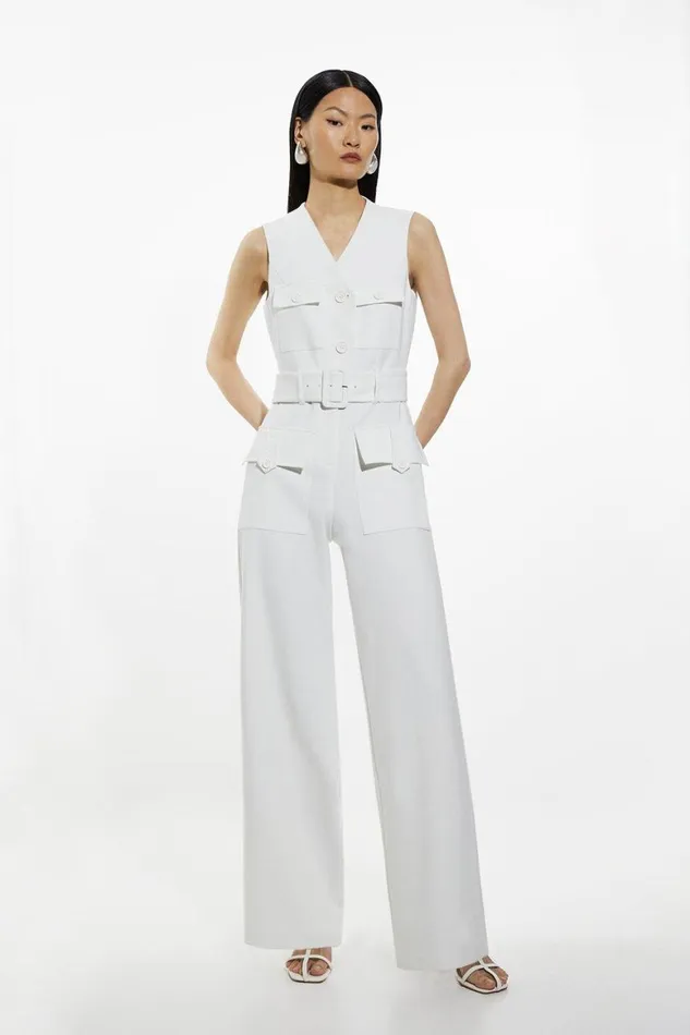 Jumpsuits Women Karen Millen Compact Stretch Tailored Safari Belted Jumpsuit Ivory