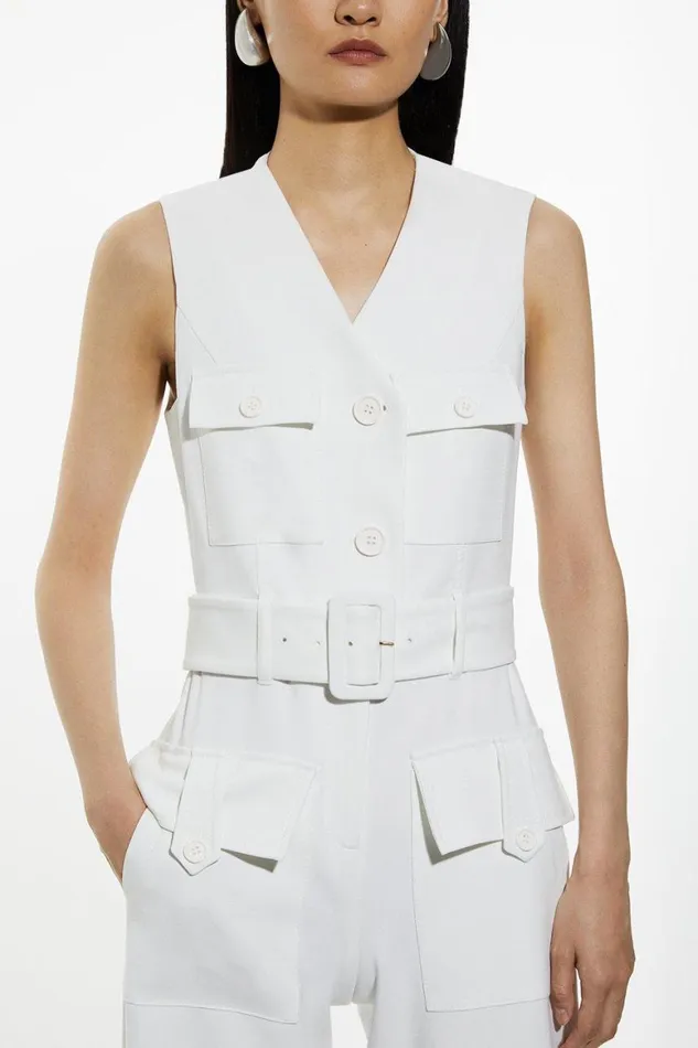 Jumpsuits Women Karen Millen Compact Stretch Tailored Safari Belted Jumpsuit Ivory