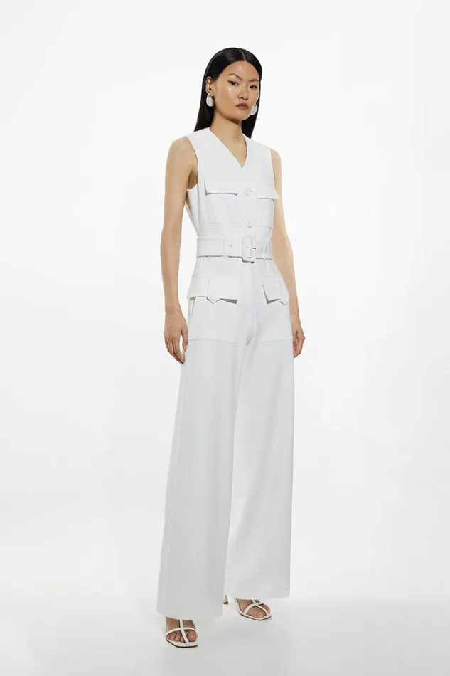Jumpsuits Women Karen Millen Compact Stretch Tailored Safari Belted Jumpsuit Ivory