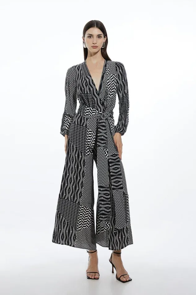 Jumpsuits Women Karen Millen Mono Geo Printed Morocain Woven Jumpsuit Mono
