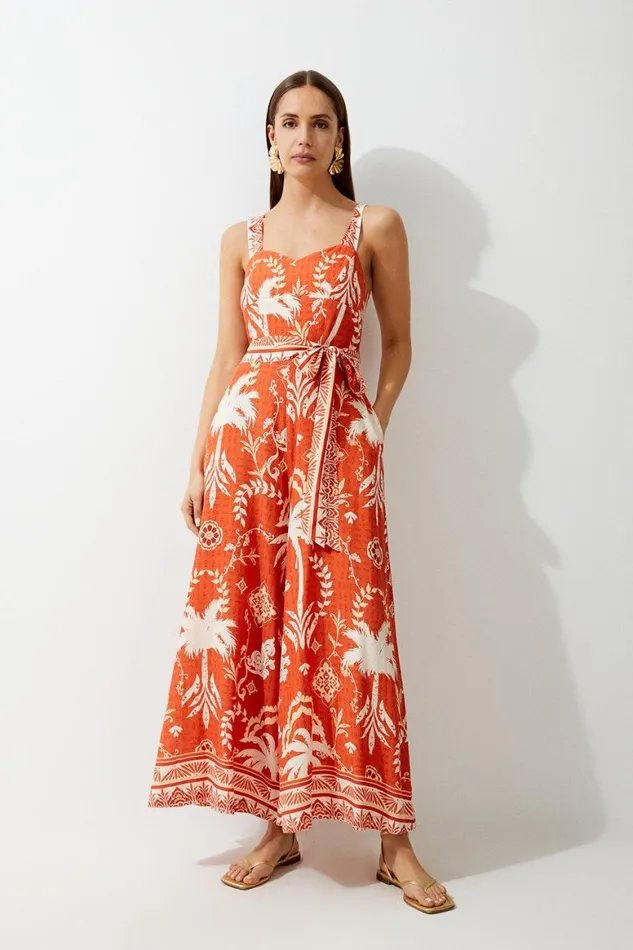 Jumpsuits Women Karen Millen Petite Printed Viscose Woven Tie Waist Wide Leg Jumpsuit Orange Jumpsuits Women Karen Millen Petite Printed Viscose Woven Tie Waist Wide Leg Jumpsuit Orange