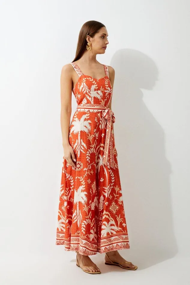 Jumpsuits Women Karen Millen Petite Printed Viscose Woven Tie Waist Wide Leg Jumpsuit Orange