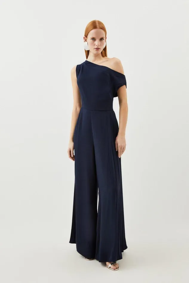 Jumpsuits Women Karen Millen Soft Tailored Off Shoulder Pleat Detail Jumpsuit Navy