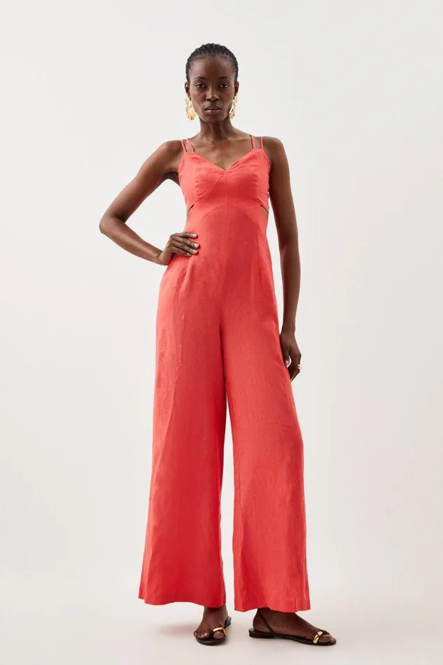 Jumpsuits Women Karen Millen Tailored Linen Strappy Cut Out Detail Wide Leg Jumpsuit Pink