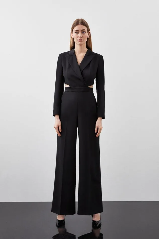 Jumpsuits Women Karen Millen Tailored Wool Blend Tuxedo Wide Leg Jumpsuit Black