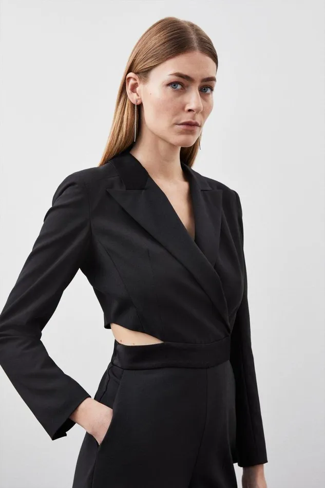Jumpsuits Women Karen Millen Tailored Wool Blend Tuxedo Wide Leg Jumpsuit Black