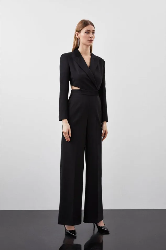 Jumpsuits Women Karen Millen Tailored Wool Blend Tuxedo Wide Leg Jumpsuit Black