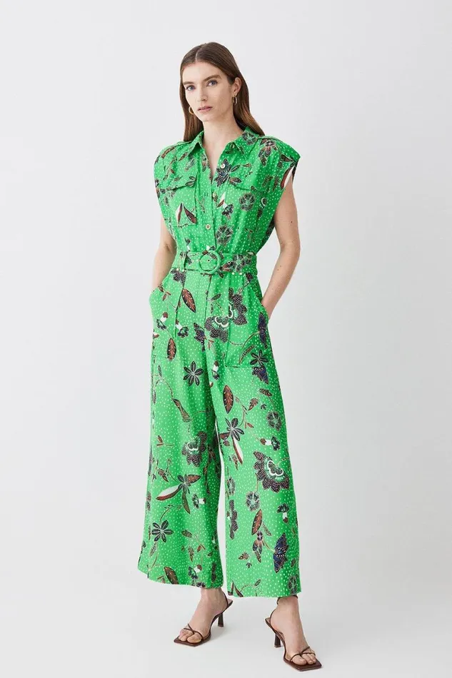 Jumpsuits Women Karen Millen Tall Topstitch Floral Batik Premium Linen Viscose Jumpsuit Green Jumpsuits Women Karen Millen Tall Topstitch Floral Batik Premium Linen Viscose Jumpsuit Green