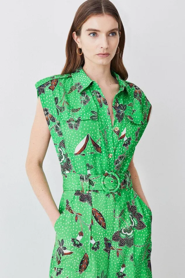 Jumpsuits Women Karen Millen Tall Topstitch Floral Batik Premium Linen Viscose Jumpsuit Green