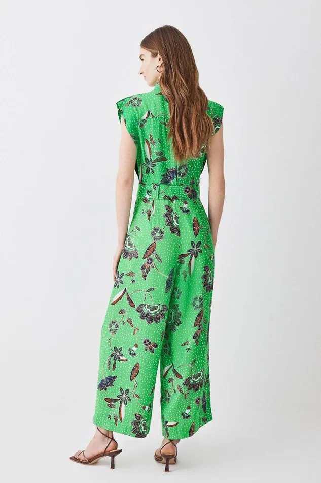 Jumpsuits Women Karen Millen Tall Topstitch Floral Batik Premium Linen Viscose Jumpsuit Green