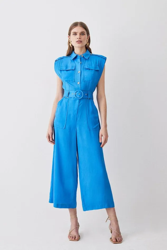 Jumpsuits Women Karen Millen Topstitch Belted Premium Linen Viscose Jumpsuit Blue