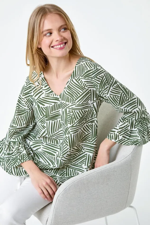 Khaki Abstract Print VNeck Frill Detail Top Women Roman Tops