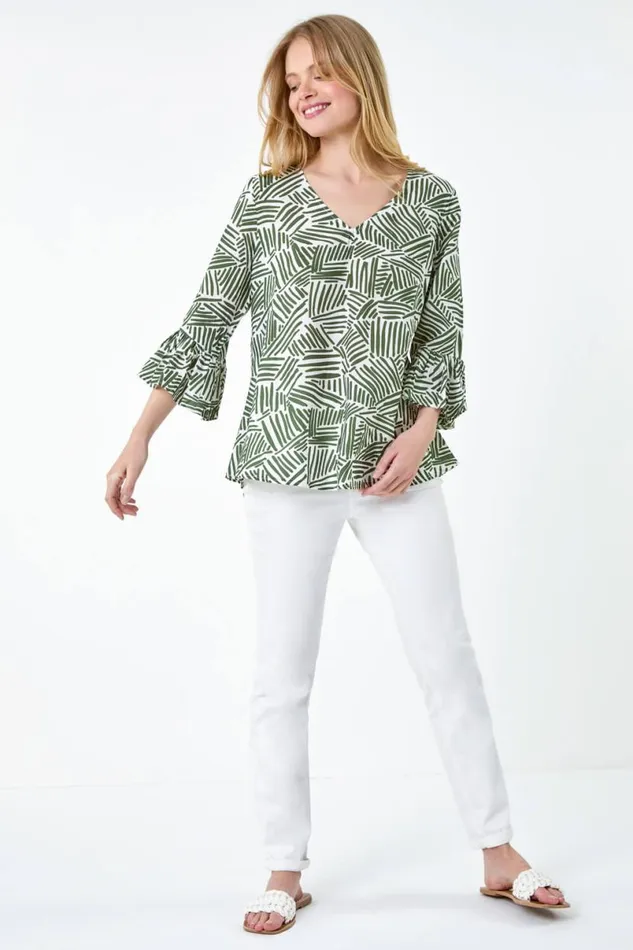 Khaki Abstract Print VNeck Frill Detail Top Women Roman Tops