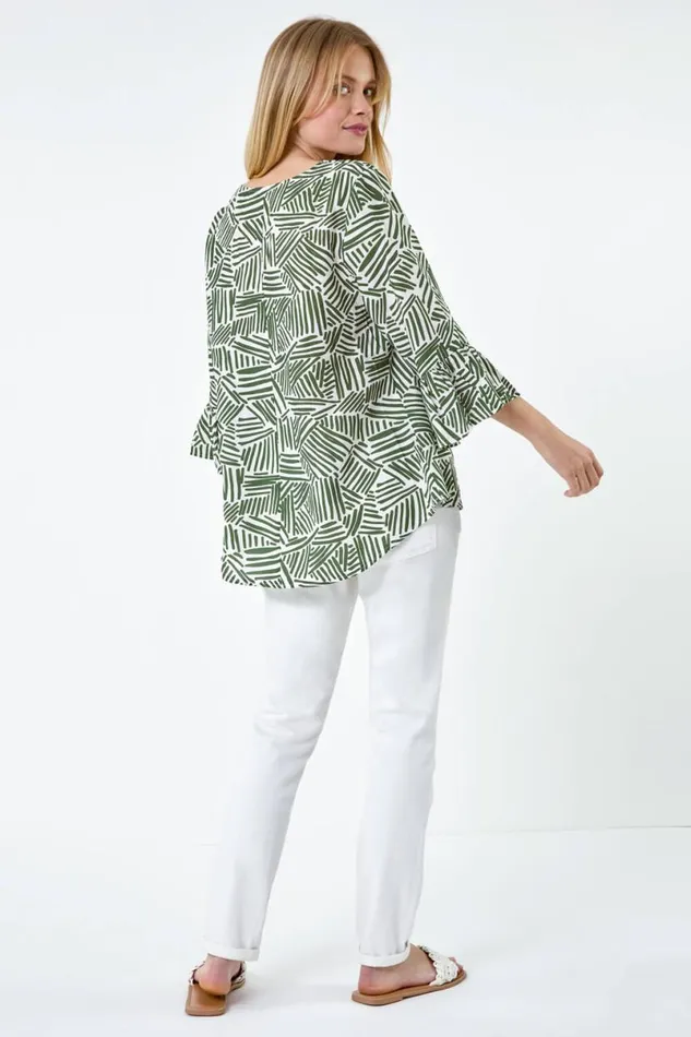 Khaki Abstract Print VNeck Frill Detail Top Women Roman Tops