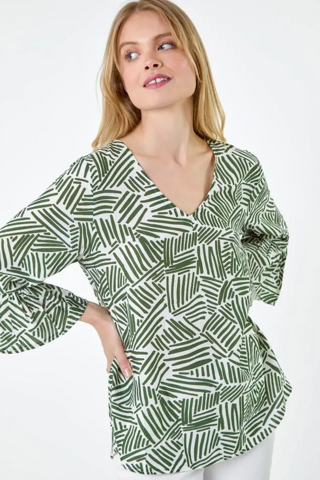 Khaki Abstract Print VNeck Frill Detail Top Women Roman Tops