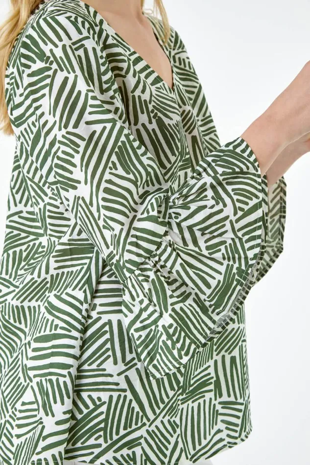 Khaki Abstract Print VNeck Frill Detail Top Women Roman Tops