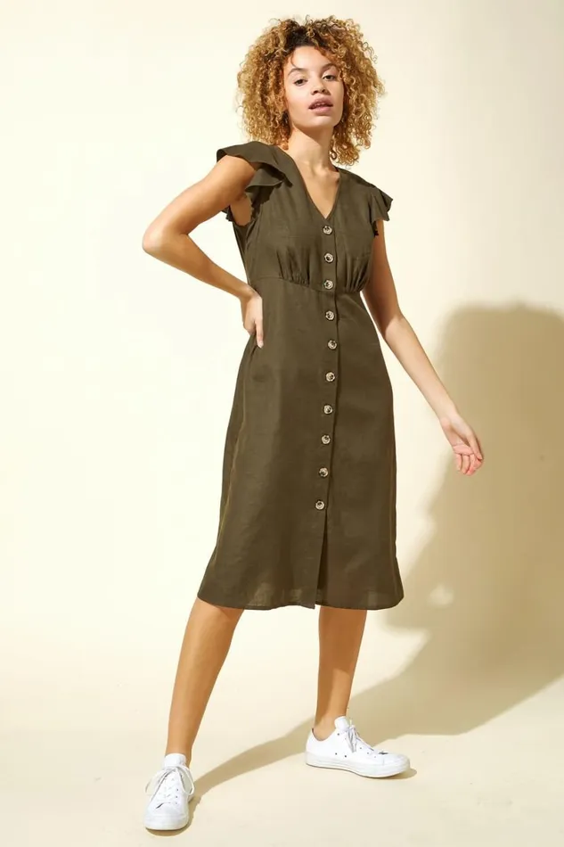 Khaki Button Down Frill Sleeve Midi Dress Women Roman Dresses