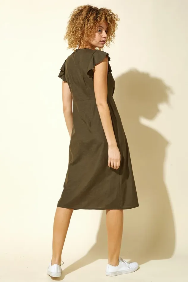 Khaki Button Down Frill Sleeve Midi Dress Women Roman Dresses