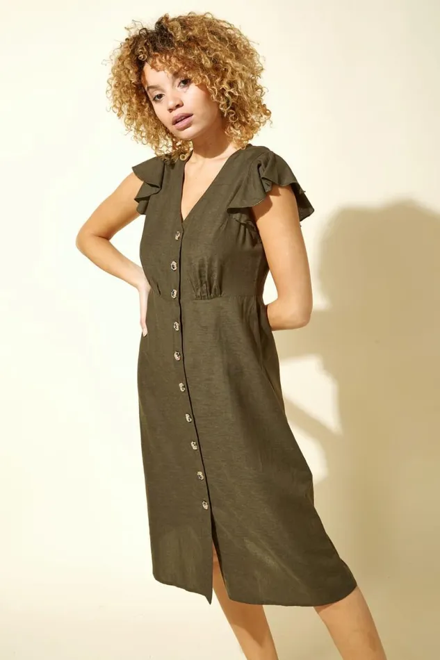 Khaki Button Down Frill Sleeve Midi Dress Women Roman Dresses