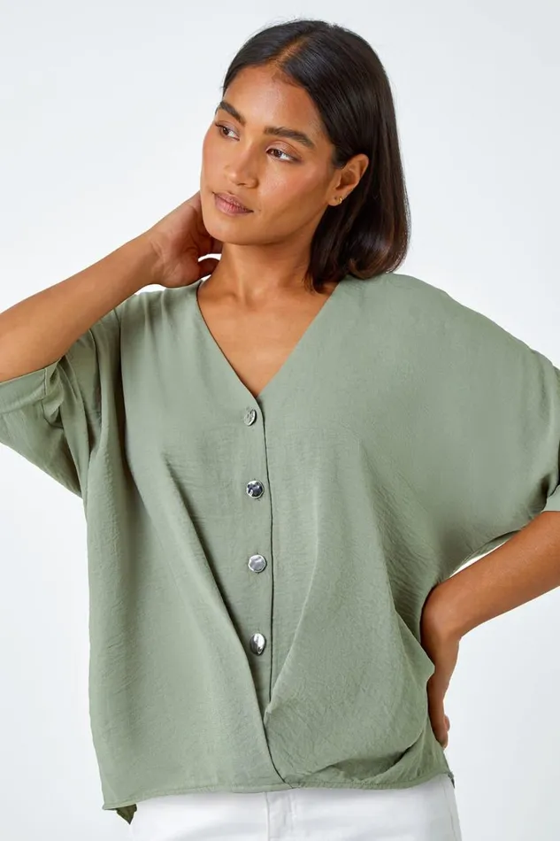 Khaki Button Front Twist Detail VNeck Top Women Roman Tops