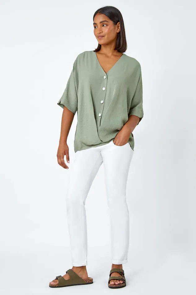 Khaki Button Front Twist Detail VNeck Top Women Roman Tops
