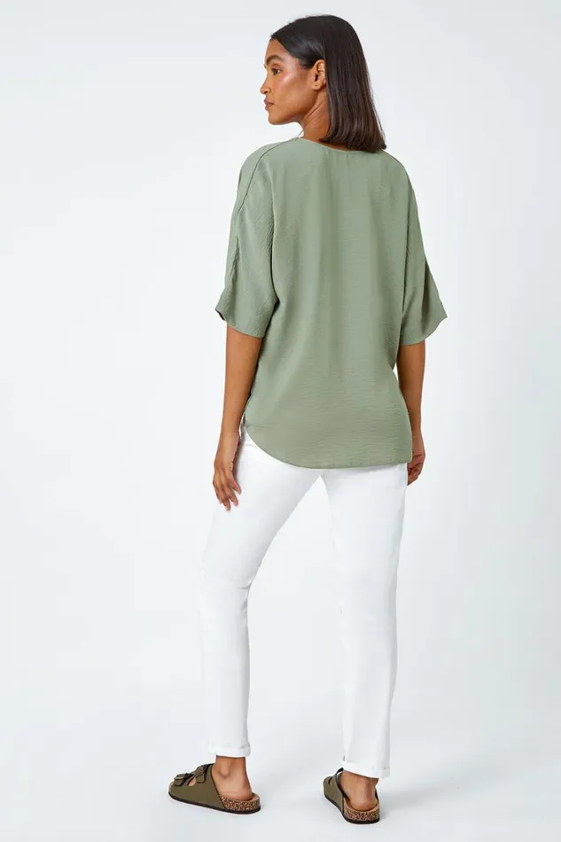Khaki Button Front Twist Detail VNeck Top Women Roman Tops