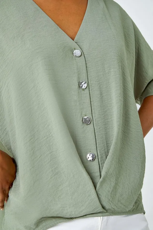 Khaki Button Front Twist Detail VNeck Top Women Roman Tops