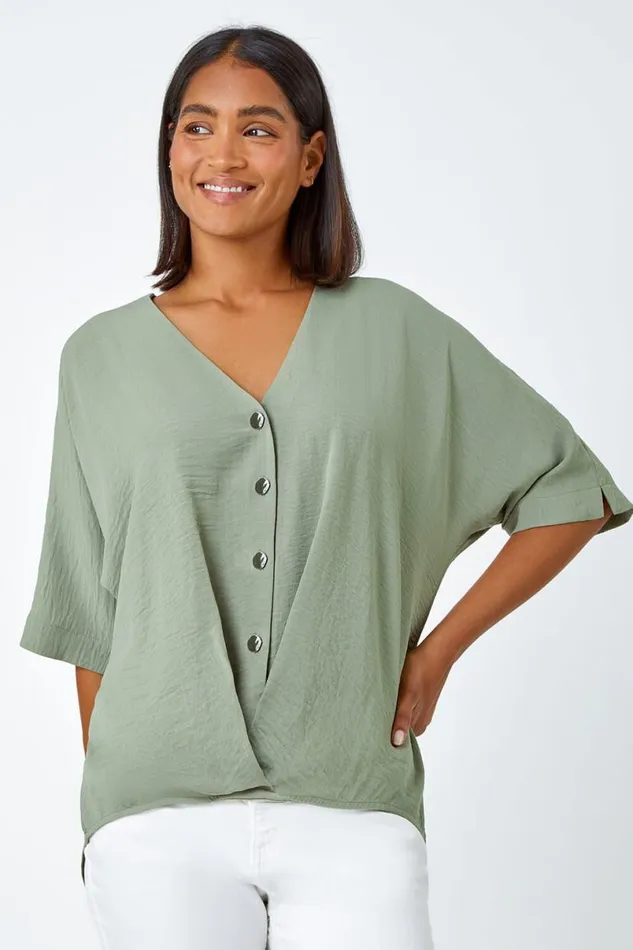 Khaki Button Front Twist Detail VNeck Top Women Roman Tops