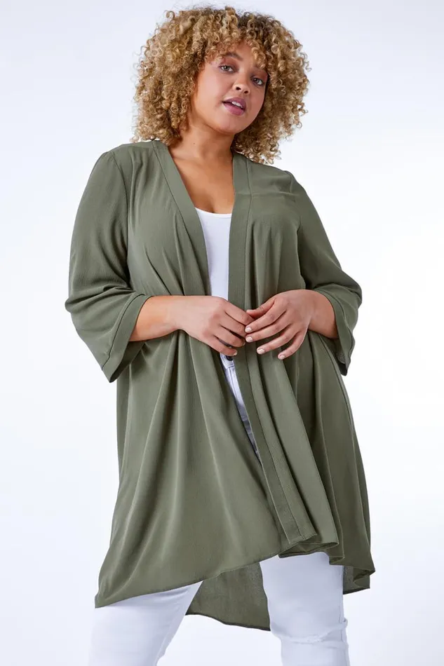 Khaki Curve 34 Sleeve Plain Longline Kimono Women Roman Jackets
