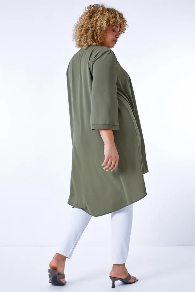 Khaki Curve 34 Sleeve Plain Longline Kimono Women Roman Jackets