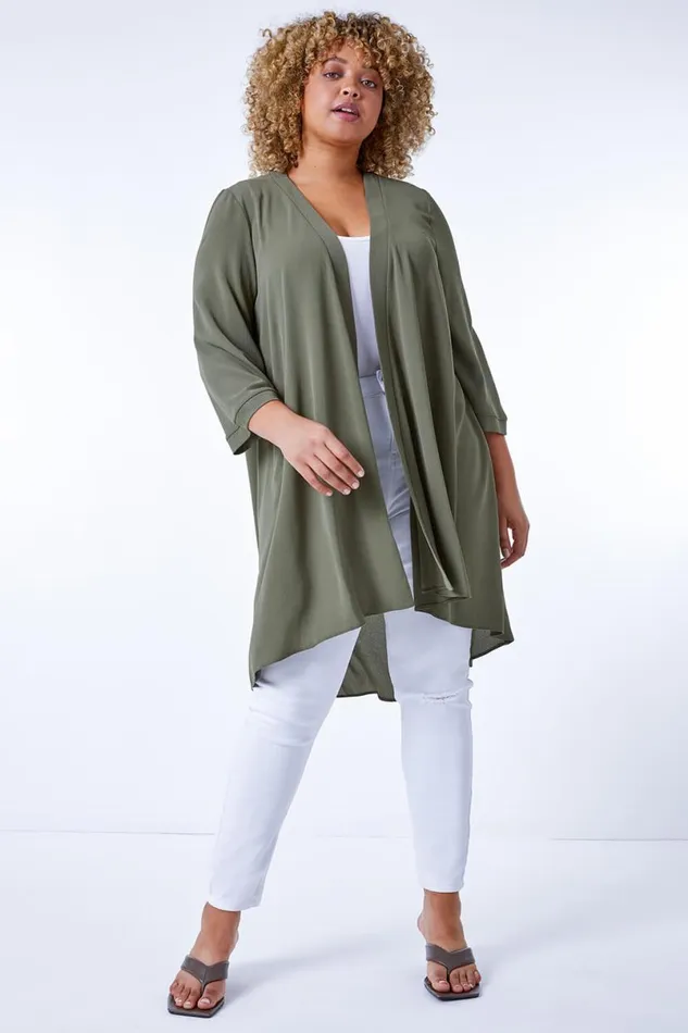 Khaki Curve 34 Sleeve Plain Longline Kimono Women Roman Jackets