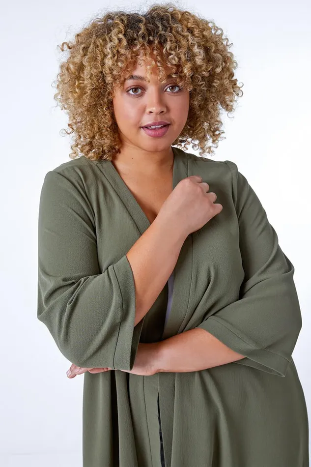 Khaki Curve 34 Sleeve Plain Longline Kimono Women Roman Jackets