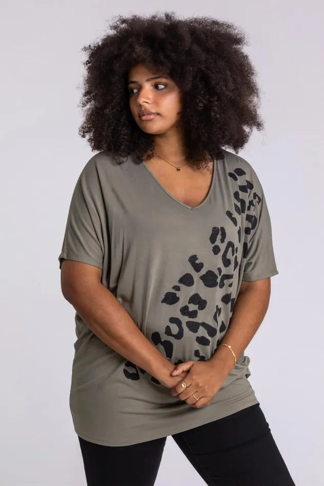 Khaki Curve Embellished Animal Print TShirt Women Roman Tops