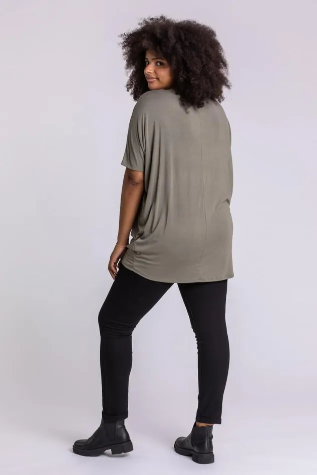 Khaki Curve Embellished Animal Print TShirt Women Roman Tops