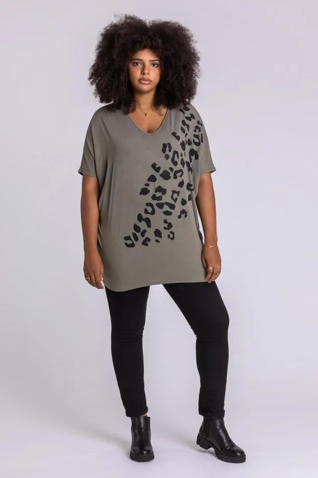 Khaki Curve Embellished Animal Print TShirt Women Roman Tops