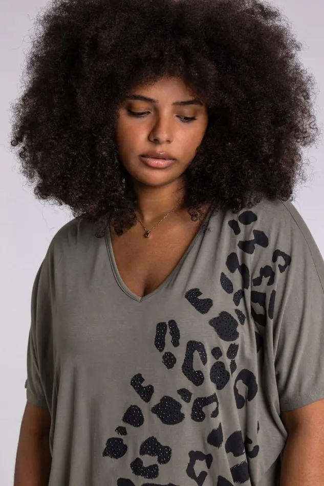 Khaki Curve Embellished Animal Print TShirt Women Roman Tops