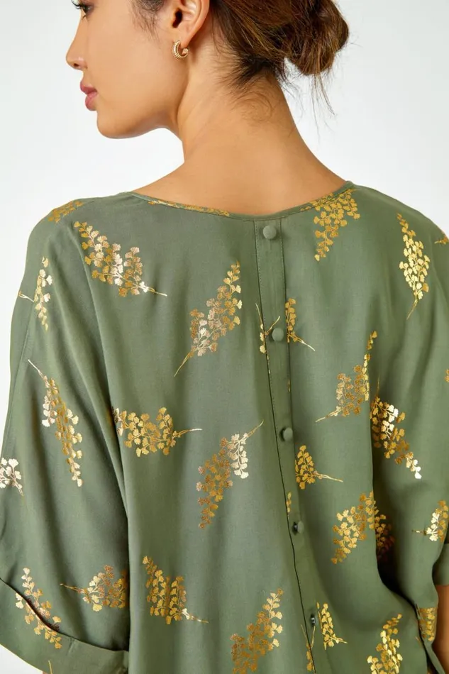 Khaki Metallic Leaf Print Oversized TShirt Women Roman Tops