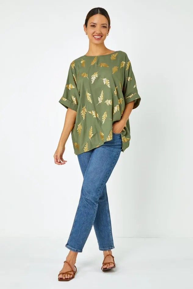 Khaki Metallic Leaf Print Oversized TShirt Women Roman Tops