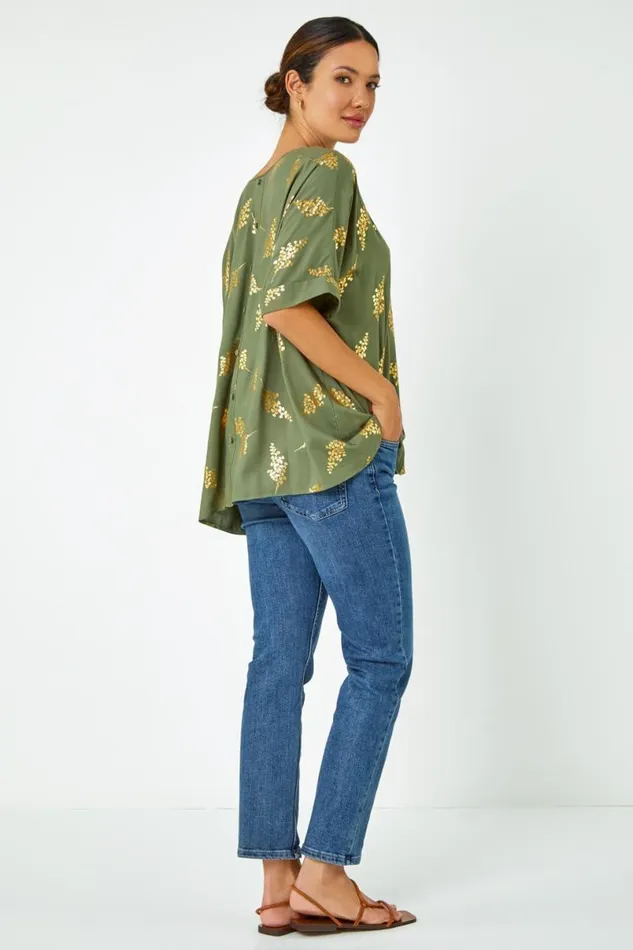 Khaki Metallic Leaf Print Oversized TShirt Women Roman Tops