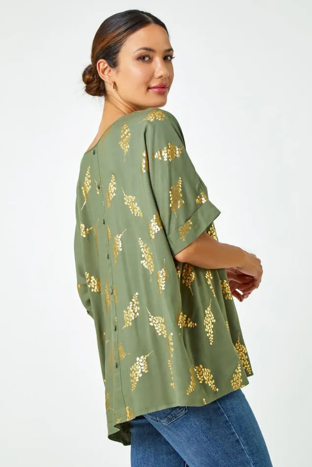 Khaki Metallic Leaf Print Oversized TShirt Women Roman Tops