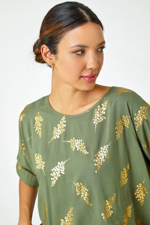 Khaki Metallic Leaf Print Oversized TShirt Women Roman Tops