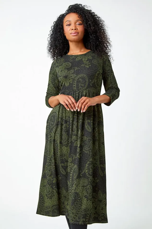 Khaki Petite Paisley Print Ruched Midi Dress Women Roman Dresses