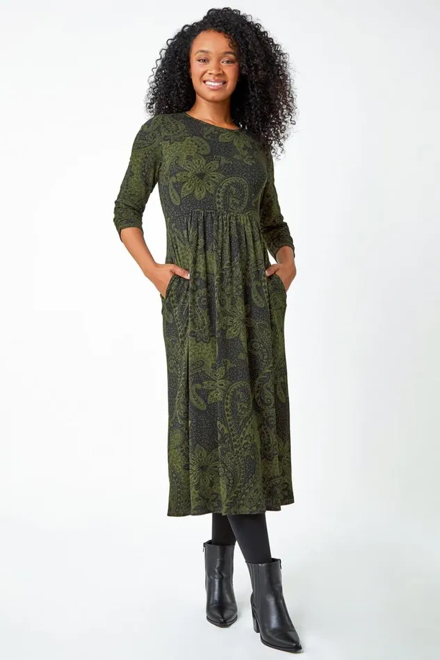 Khaki Petite Paisley Print Ruched Midi Dress Women Roman Dresses