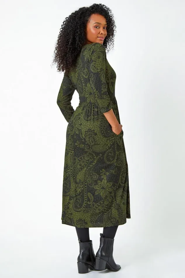Khaki Petite Paisley Print Ruched Midi Dress Women Roman Dresses